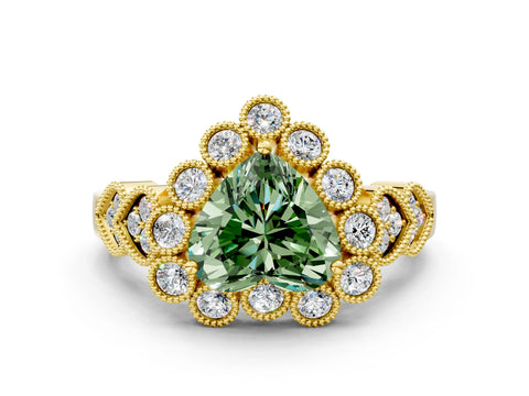 Yellow gold Fancy Green Heart Cut Brilliant Milgrain Pave Heart Band Solitaire Ring