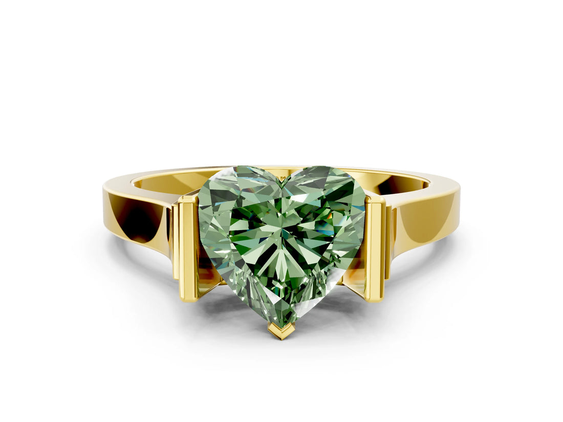 Yellow gold Fancy Green Heart Cut Brilliant Solitaire Diamond Ring with Channel Set Band and Bar Prong Setting_18