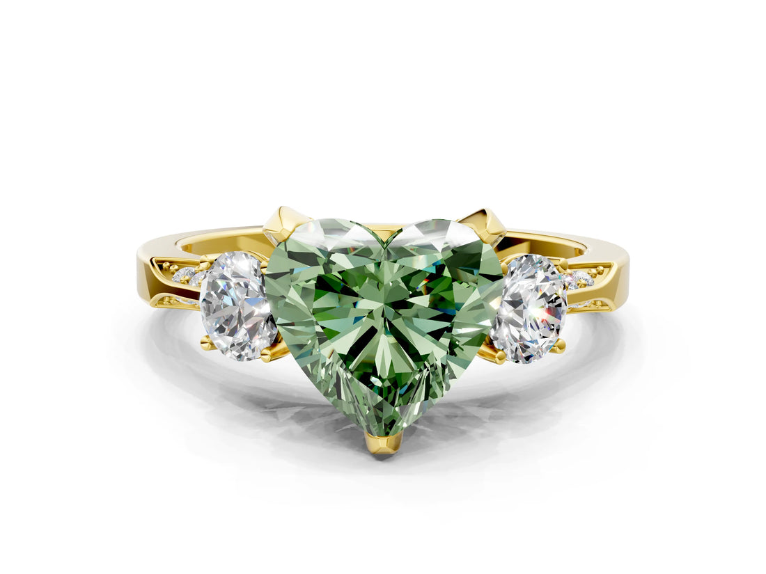 Yellow gold Fancy Green Heart Cut Brilliant Three-Stone Diamond Ring with Pavé Band and Four-Prong Setting_3