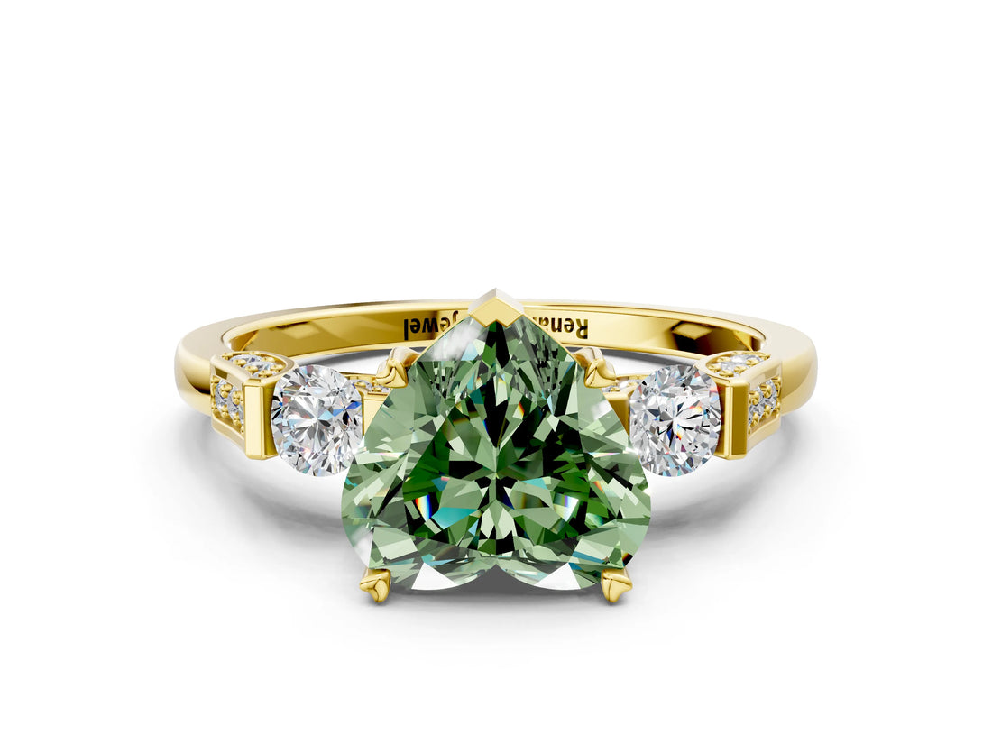 Yellow gold Fancy Green Heart Cut Brilliant Three-Stone Pave Band with Four-Prong Setting
