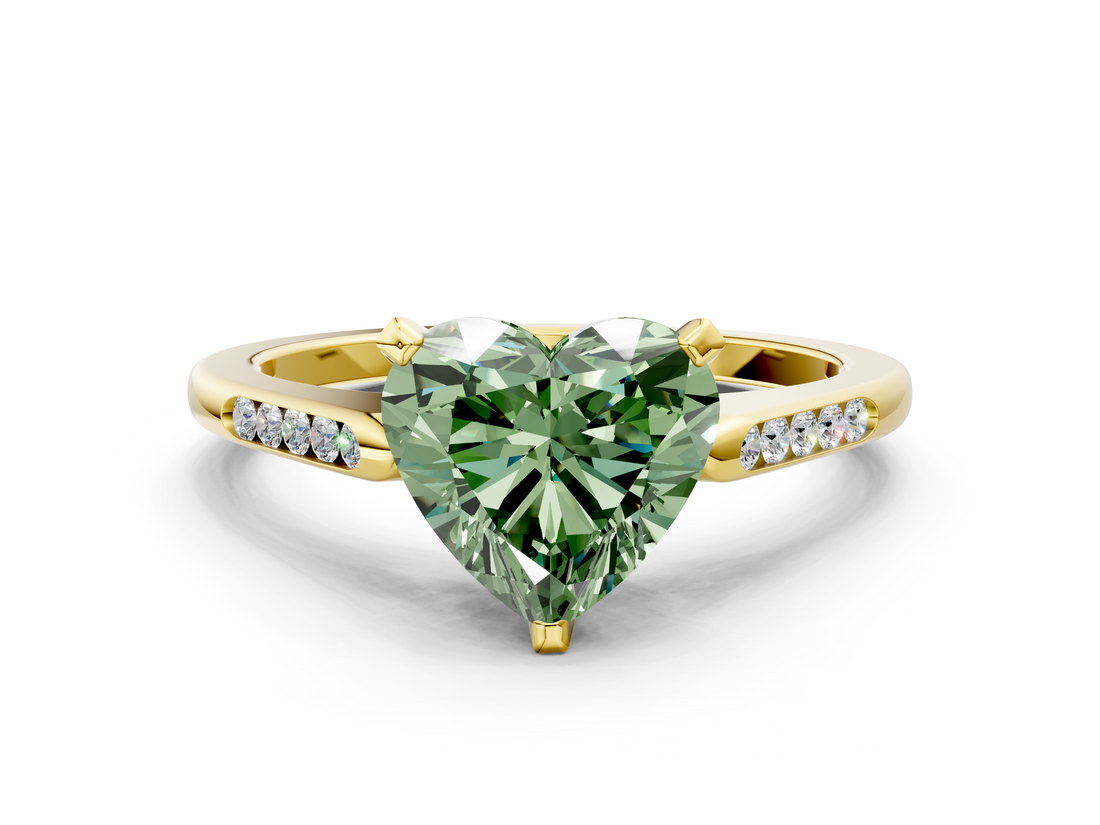 Yellow gold Fancy Green Heart  Cut Channel Set Solitaire Engagement Ring with Four-Prong Setting