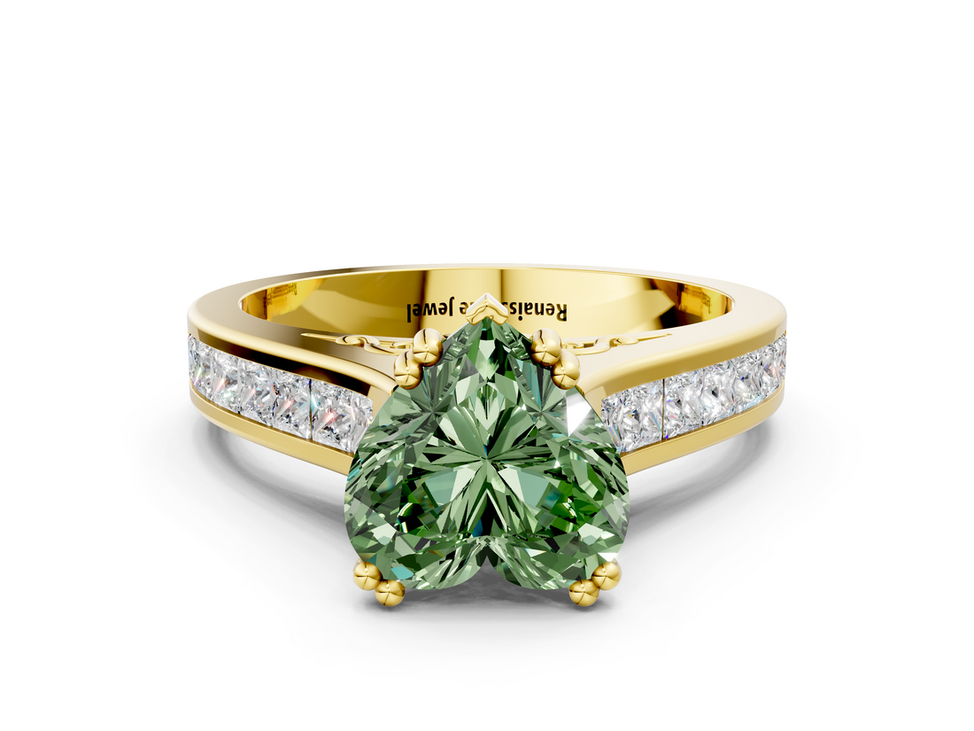 Yellow gold Fancy Green Heart  Cut Channel Set Solitaire Engagement Ring with Prong Setting