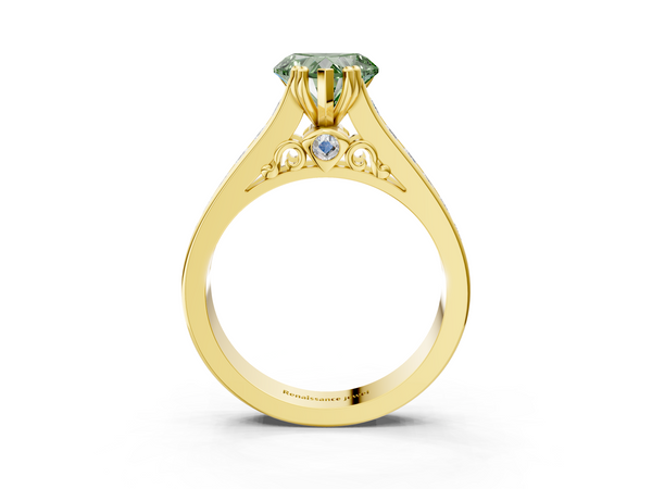 Yellow Gold Heart-Shaped Channel Set Solitaire Engagement Ring Setting for Fancy Green Center with Double Claw Prongs