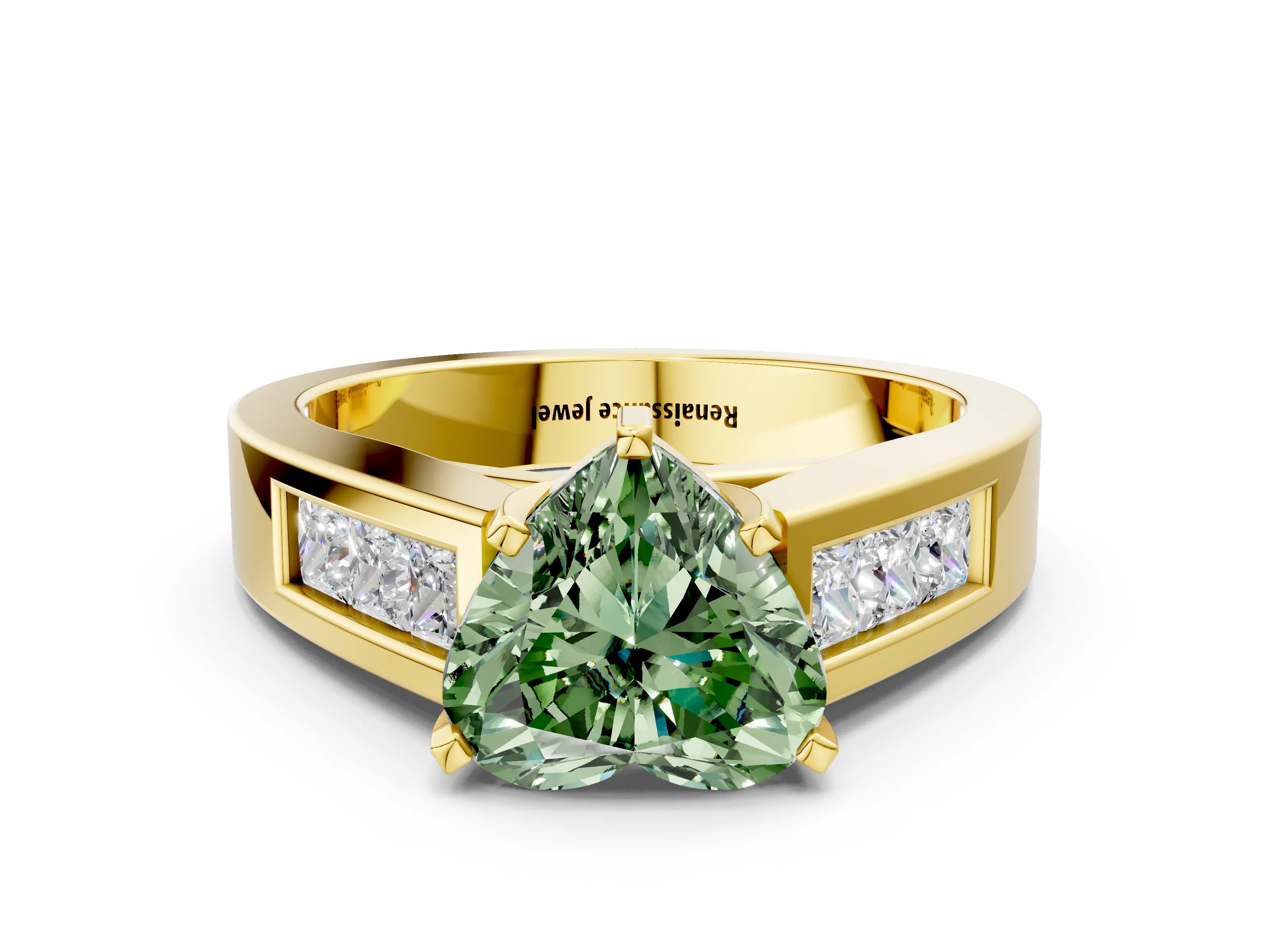 Yellow gold Fancy Green Heart Cut Cut Channel Set Solitaire Ring with Four-Prong Setting