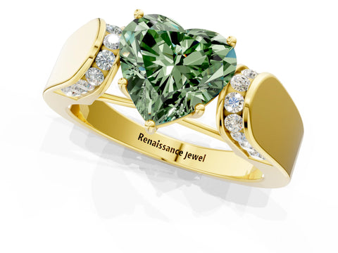 Yellow gold Fancy Green Heart Cut Cut Diamond Channel Set Solitaire Ring with Four-Prong Setting_1