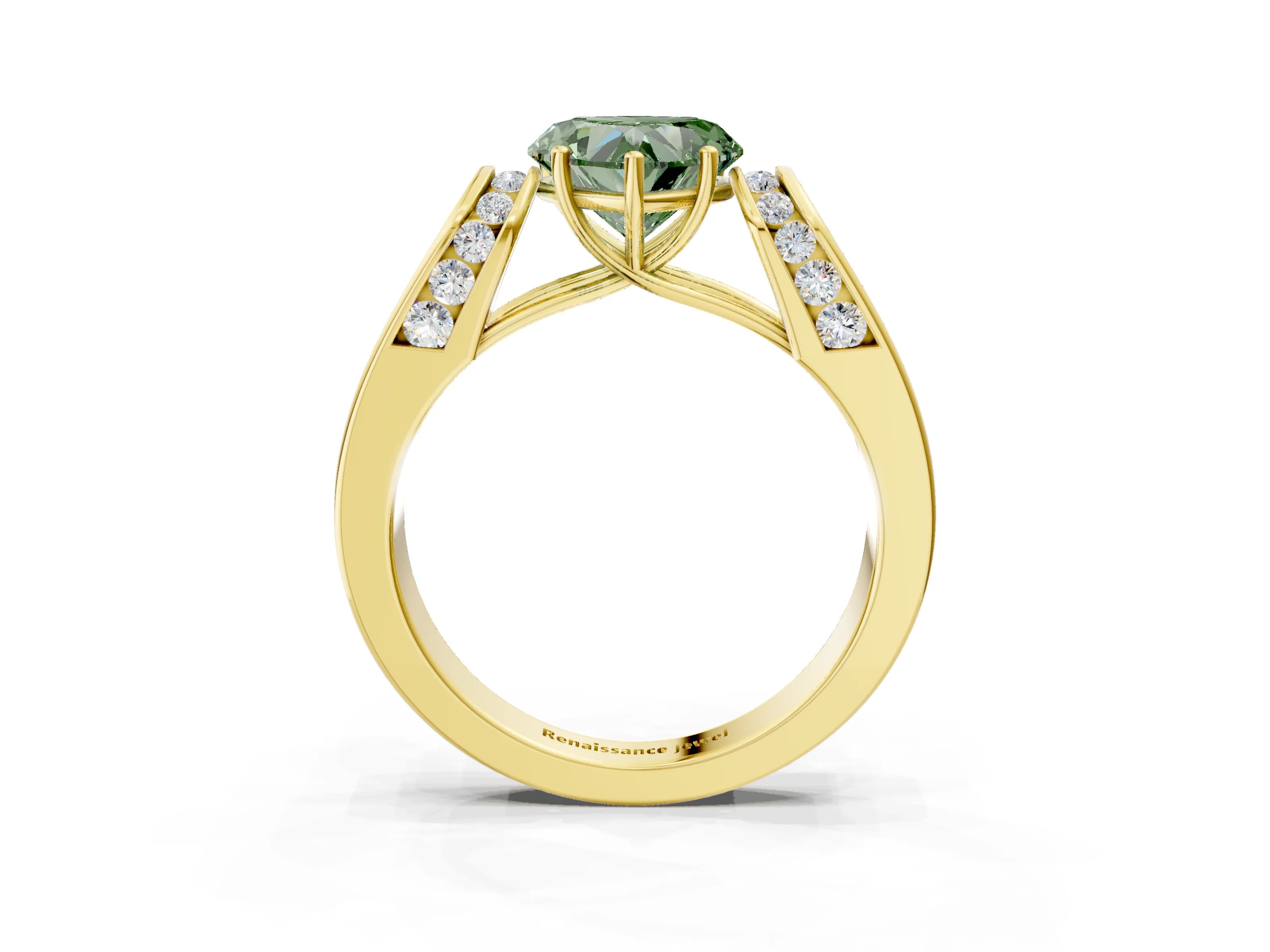 Yellow gold Fancy Green Heart Cut Cut Diamond Channel Set Solitaire Ring with Four-Prong Setting_3