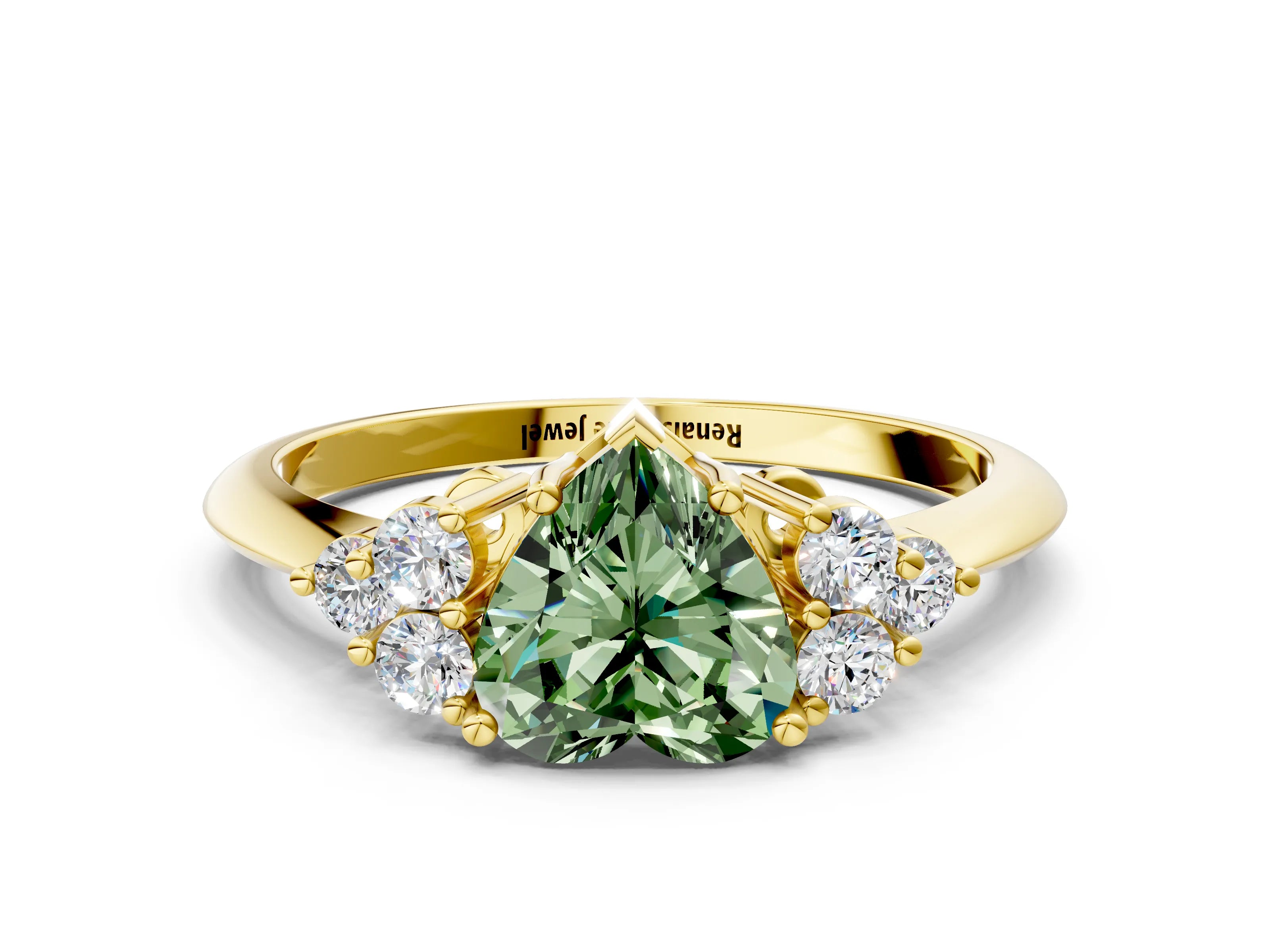 Yellow gold Fancy Green Heart Cut Cut Diamond Cluster Ring with Solitaire Band and Four-Prong Setting