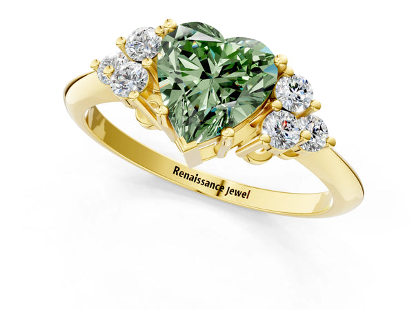 Yellow gold Fancy Green Heart Cut Cut Diamond Cluster Ring with Solitaire Band and Four-Prong Setting