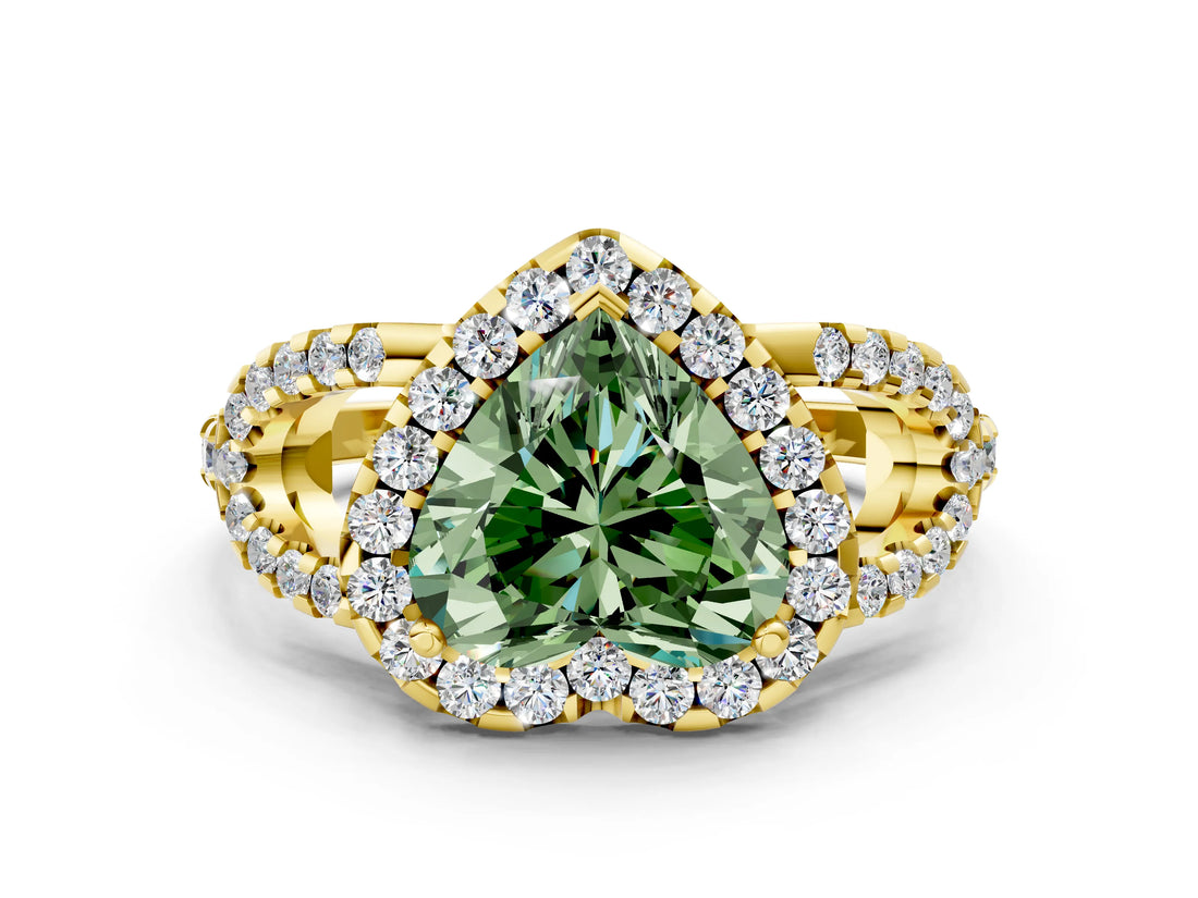 Yellow gold Fancy Green Heart Cut Cut Diamond Halo Engagement Ring with Open Split Pavé Band