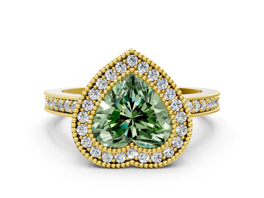 Yellow gold Fancy Green Heart Cut-Cut Diamond Halo Engagement Ring with Pave Band and Prong Setting