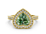 Yellow gold Fancy Green Heart Cut-Cut Diamond Halo Engagement Ring with Pave Band and Prong Setting