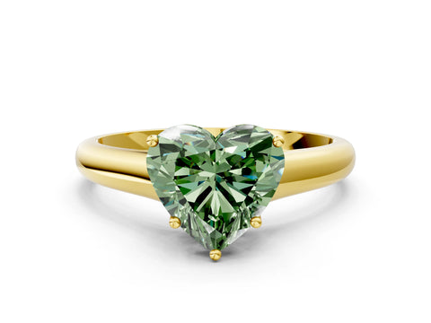 Yellow gold Fancy Green Heart Cut Cut Diamond Solitaire Engagement Ring with Tapered Plain Band and Four-Prong Setting