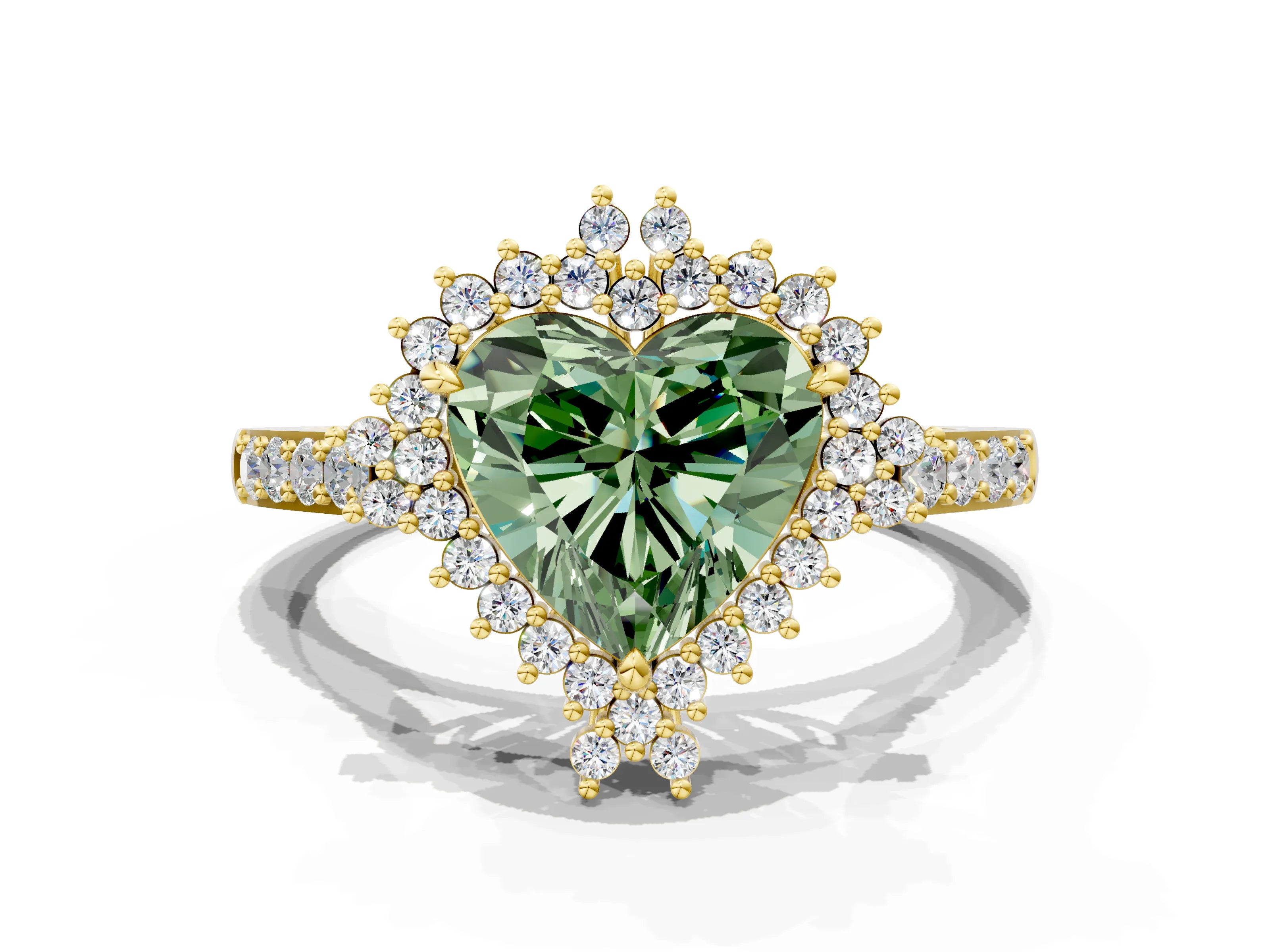 Yellow gold Fancy Green Heart Cut Cut Diamond Sunburst Halo Engagement Ring with Pavé Band