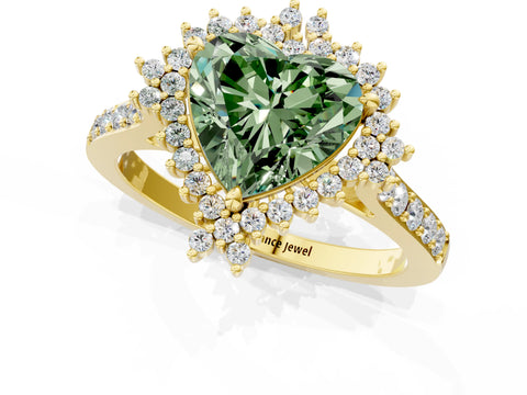 Yellow gold Fancy Green Heart Cut Cut Diamond Sunburst Halo Engagement Ring with Pavé Band_1
