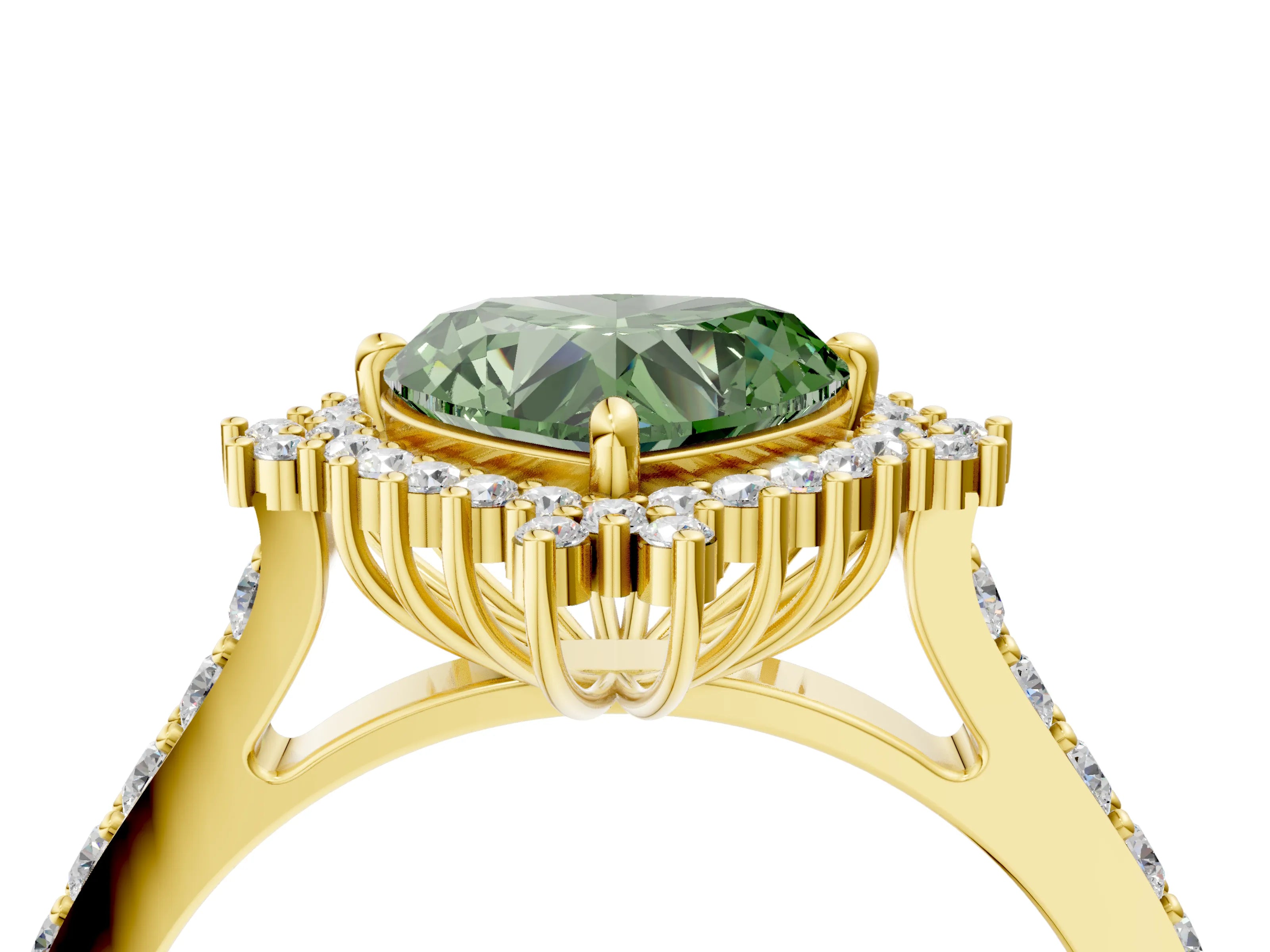 Yellow gold Fancy Green Heart Cut Cut Diamond Sunburst Halo Engagement Ring with Pavé Band_4