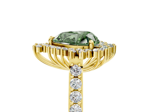Yellow gold Fancy Green Heart Cut Cut Diamond Sunburst Halo Engagement Ring with Pavé Band_5