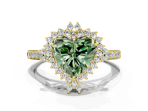 Yellow gold Fancy Green Heart Cut Cut Diamond Sunburst Halo Engagement Ring with Pavé Band