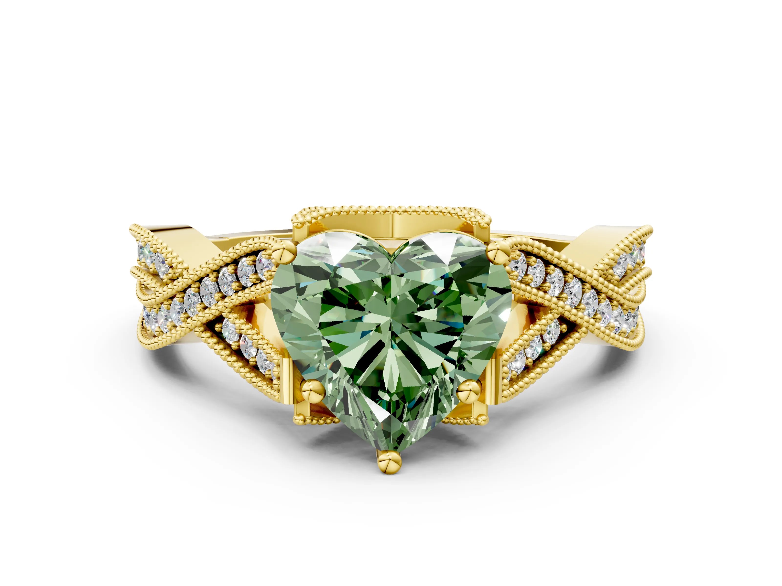Yellow gold Fancy Green Heart Cut Cut Diamond Twisted Band with Milgrain Pave Setting and Four-Prong Setting