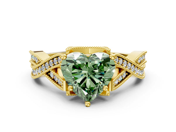 Yellow gold Fancy Green Heart Cut Cut Diamond Twisted Band with Milgrain Pave Setting and Four-Prong Setting