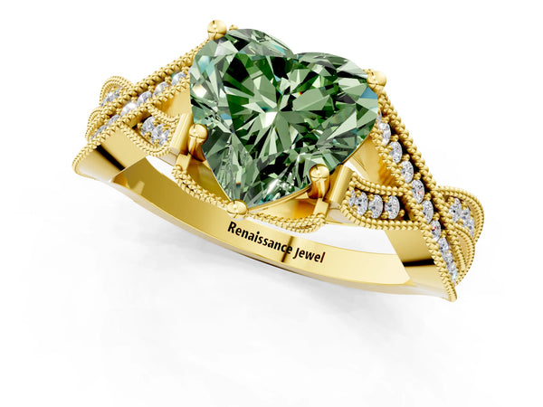 Yellow gold Fancy Green Heart Cut Cut Diamond Twisted Band with Milgrain Pave Setting and Four-Prong Setting
