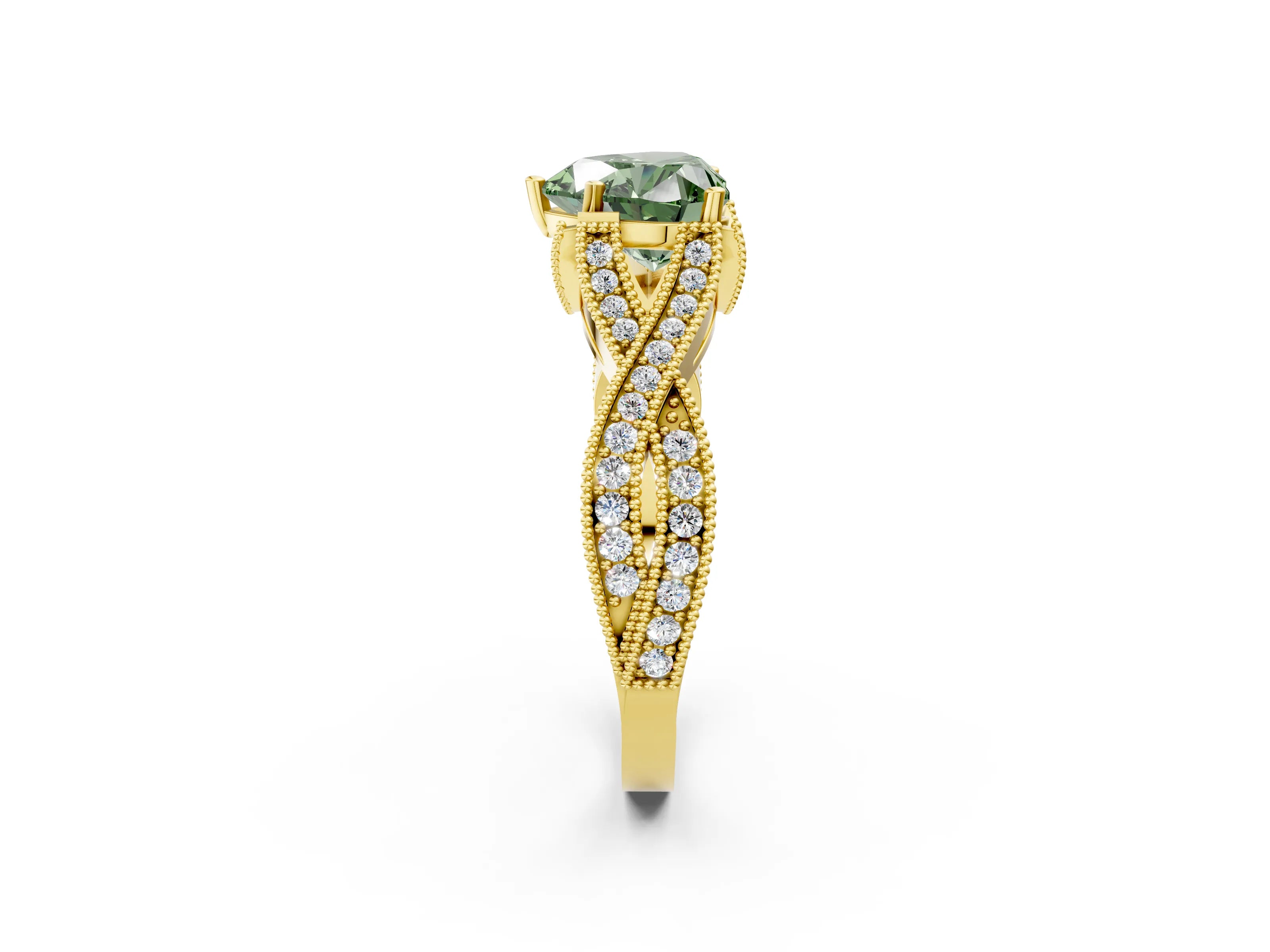 Yellow gold Fancy Green Heart Cut Cut Diamond Twisted Band with Milgrain Pave Setting and Four-Prong Setting_2