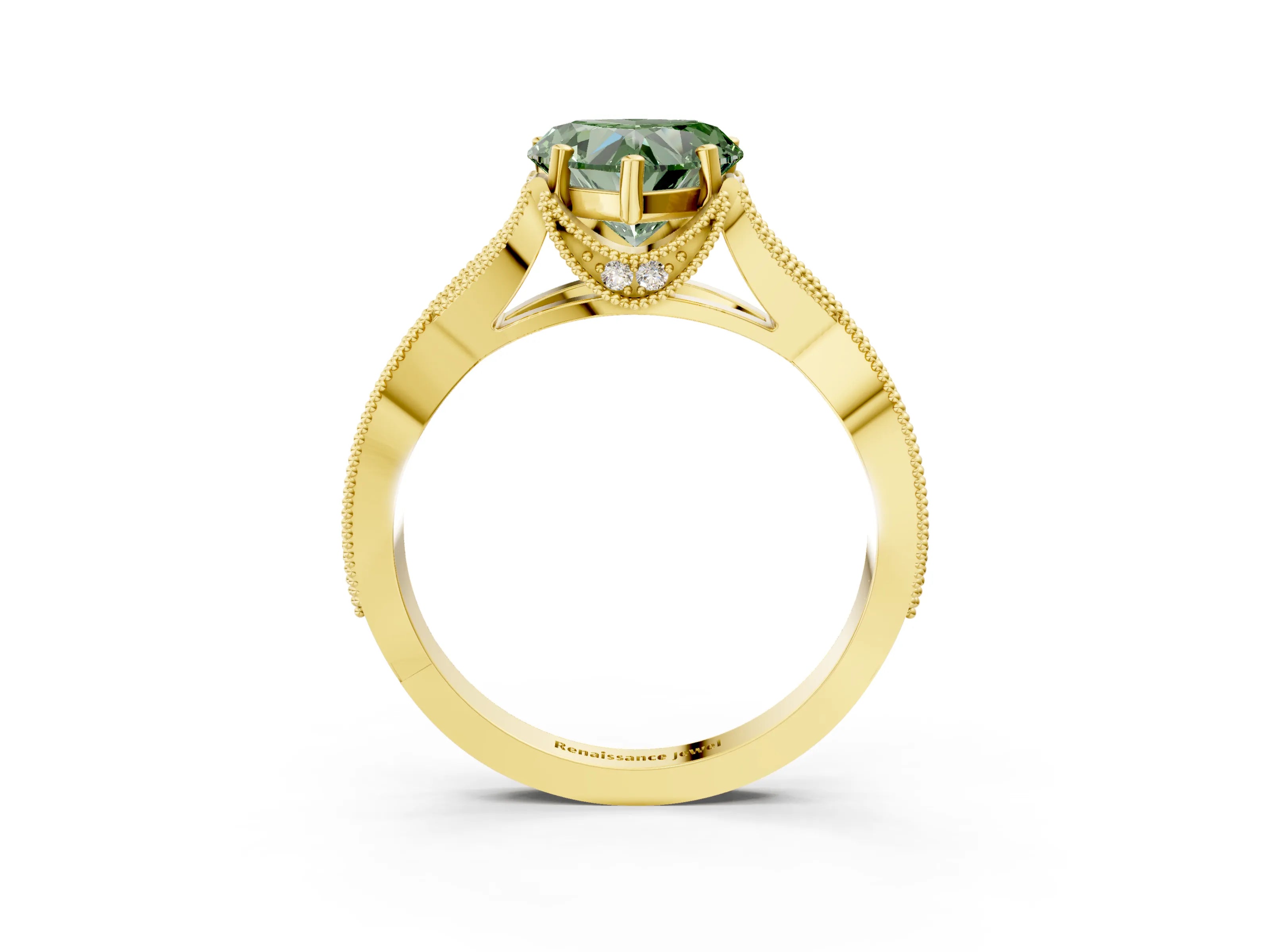 Yellow gold Fancy Green Heart Cut Cut Diamond Twisted Band with Milgrain Pave Setting and Four-Prong Setting_3