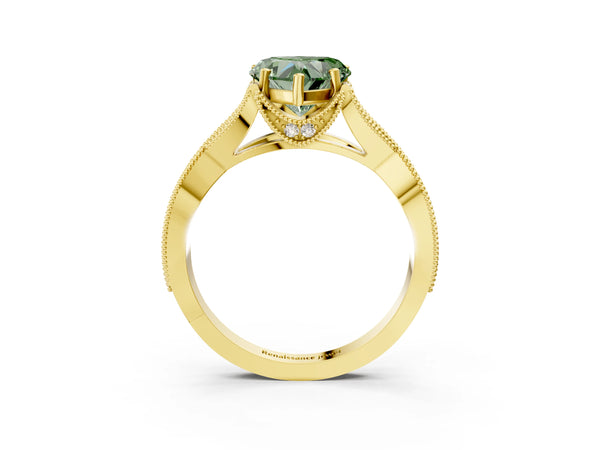 Yellow gold Fancy Green Heart Cut Cut Diamond Twisted Band with Milgrain Pave Setting and Four-Prong Setting