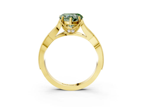 Yellow gold Fancy Green Heart Cut Cut Diamond Twisted Band with Milgrain Pave Setting and Four-Prong Setting_3