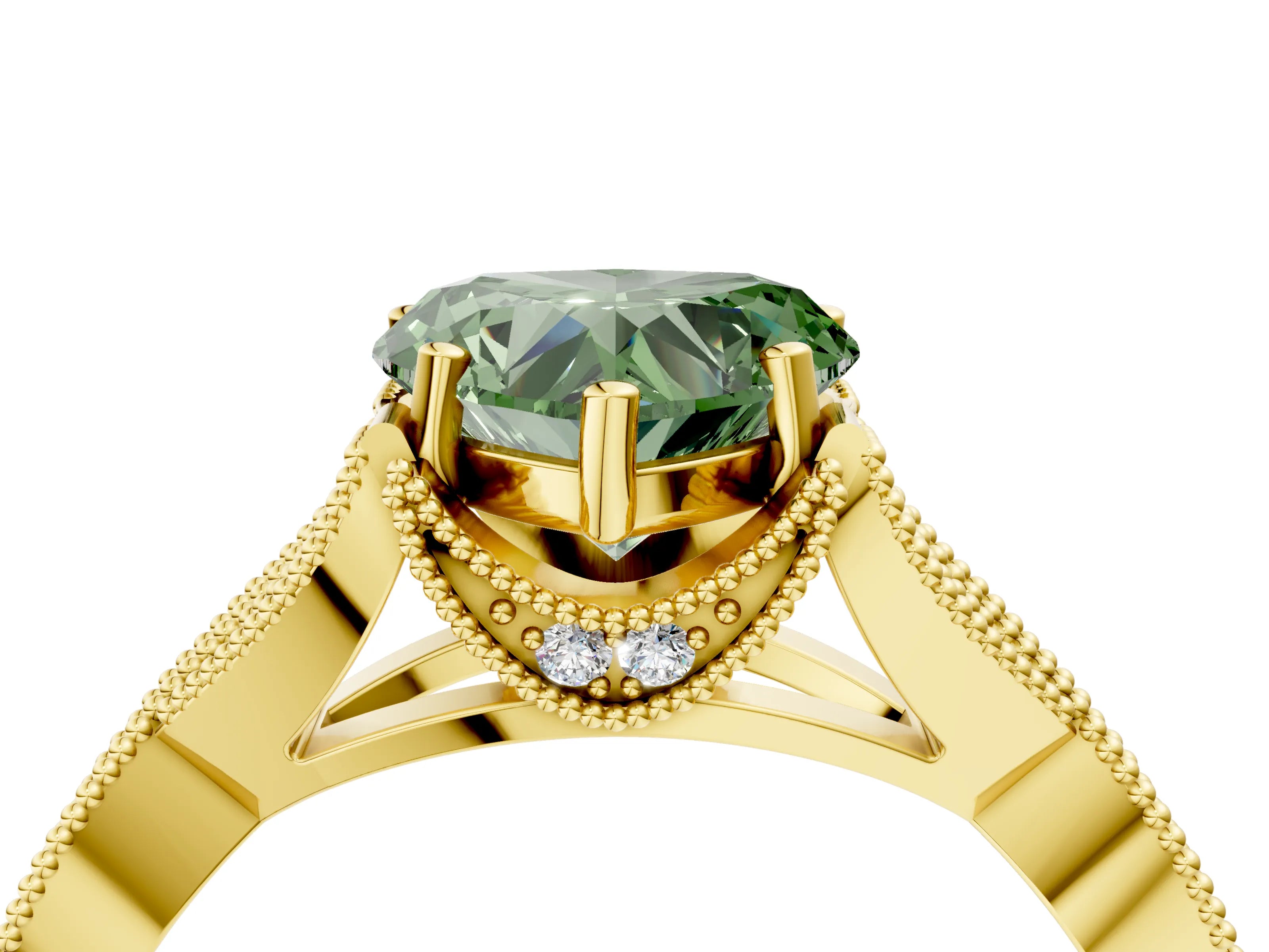 Yellow gold Fancy Green Heart Cut Cut Diamond Twisted Band with Milgrain Pave Setting and Four-Prong Setting_4