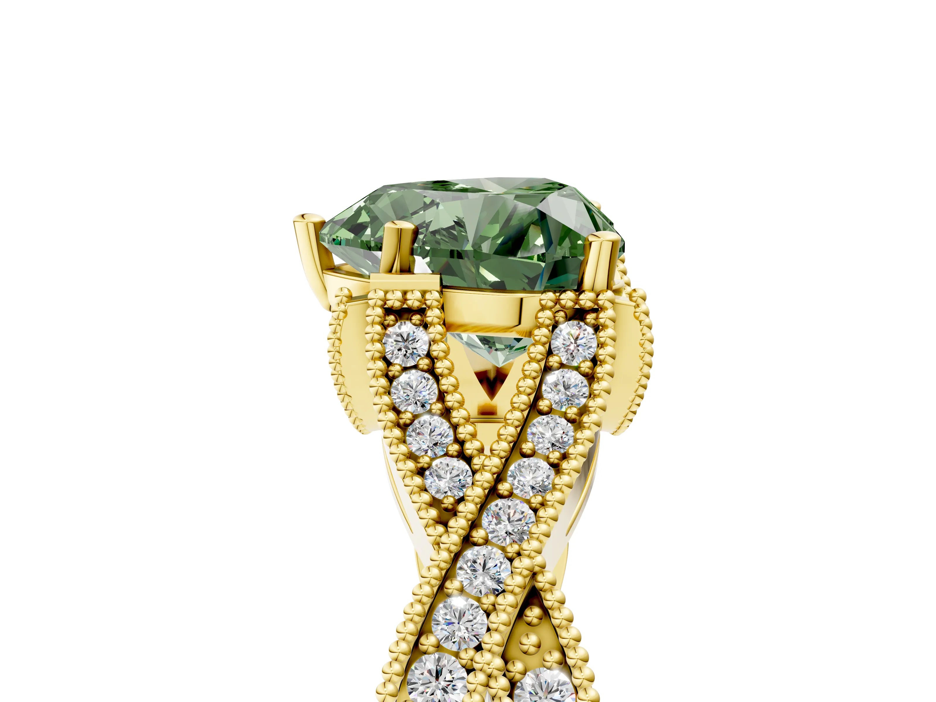 Yellow gold Fancy Green Heart Cut Cut Diamond Twisted Band with Milgrain Pave Setting and Four-Prong Setting_5
