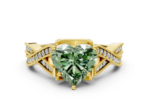 Yellow gold Fancy Green Heart Cut Cut Diamond Twisted Band with Milgrain Pave Setting and Four-Prong Setting