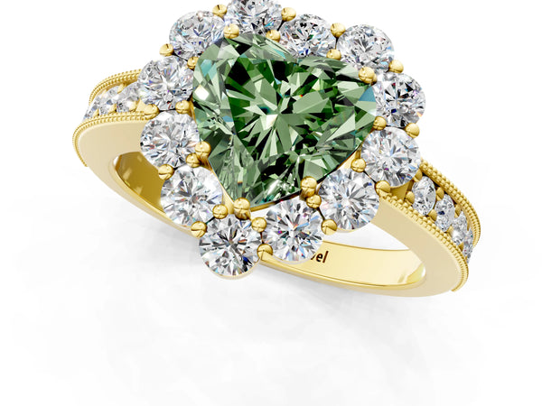 Yellow gold Fancy Green Heart Cut Cut Halo Diamond Pavé Engagement Ring with Milgrain Detailing