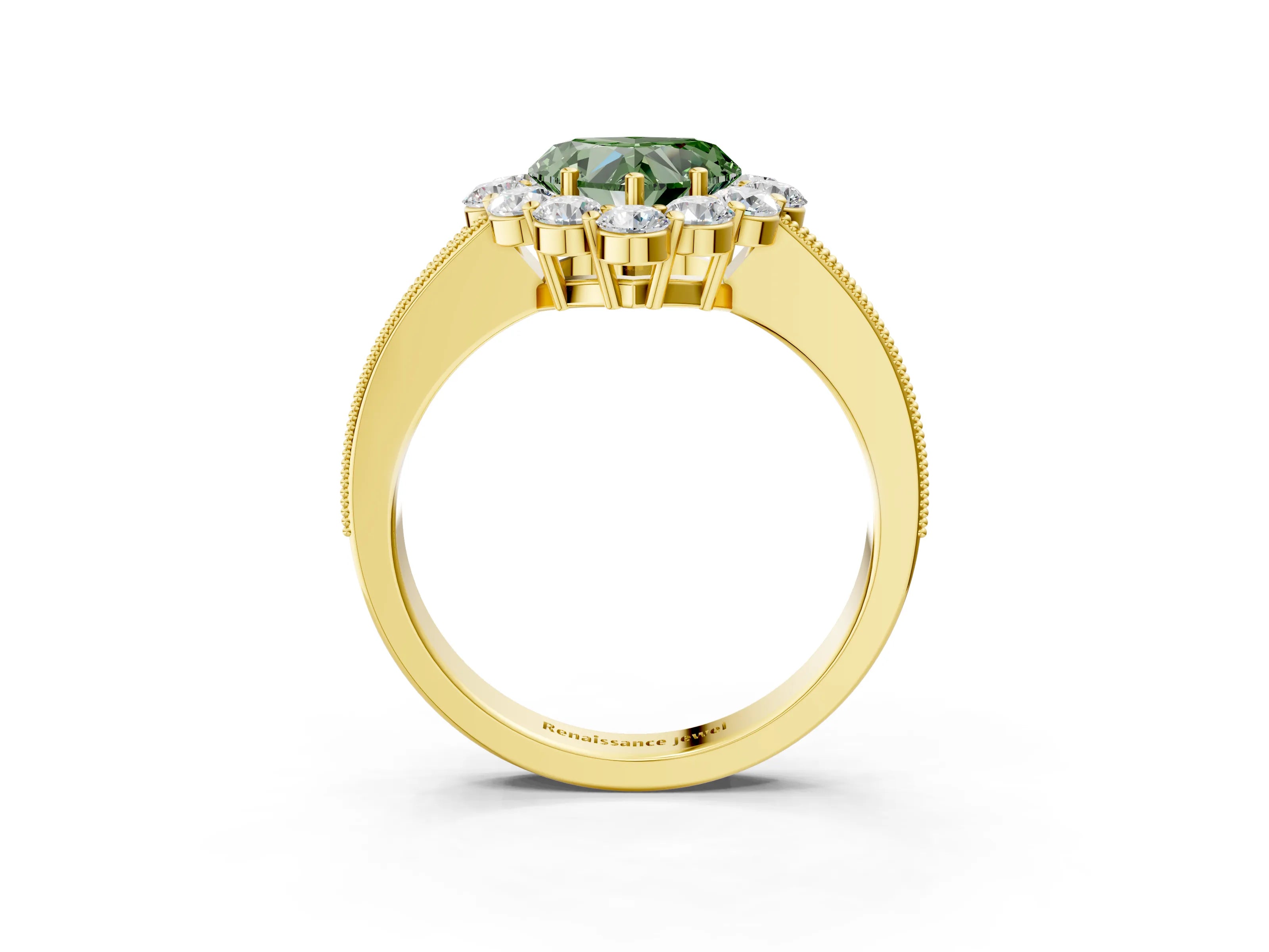 Yellow gold Fancy Green Heart Cut Cut Halo Diamond Pavé Engagement Ring with Milgrain Detailing_3
