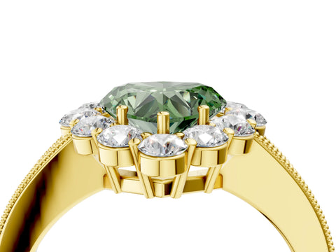 Yellow gold Fancy Green Heart Cut Cut Halo Diamond Pavé Engagement Ring with Milgrain Detailing_4
