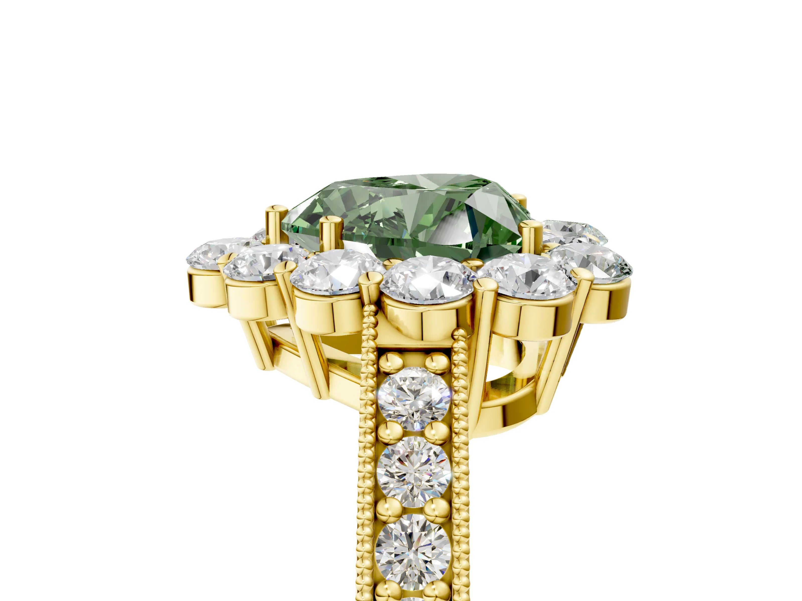 Yellow gold Fancy Green Heart Cut Cut Halo Diamond Pavé Engagement Ring with Milgrain Detailing_5