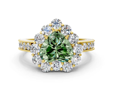 Yellow gold Fancy Green Heart Cut Cut Halo Diamond Pavé Engagement Ring with Milgrain Detailing