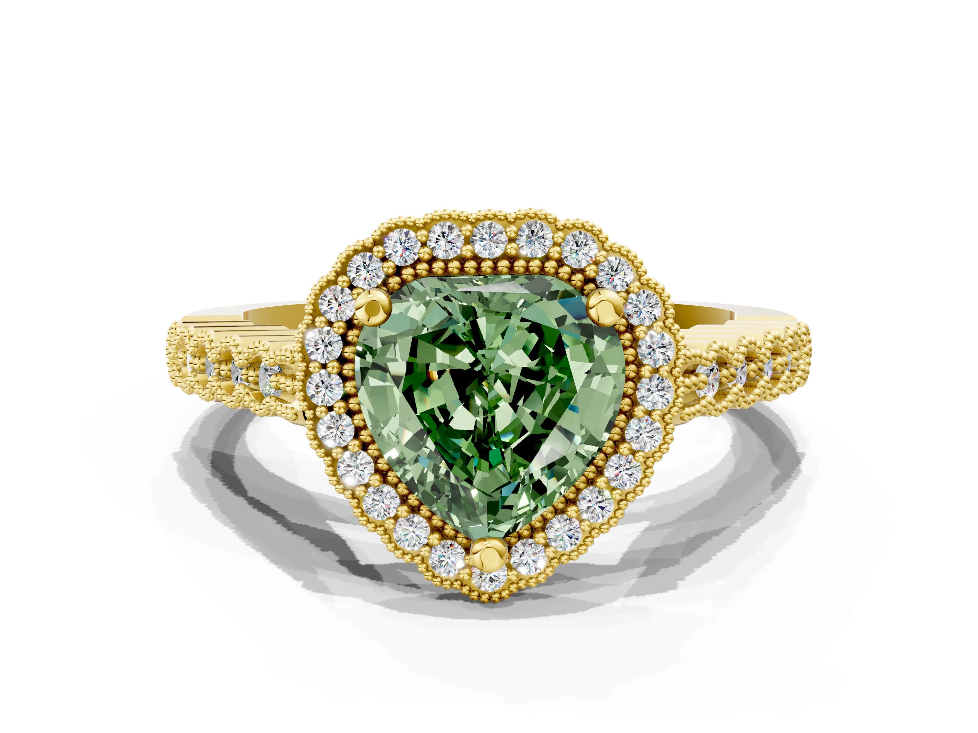 Yellow gold Fancy Green Heart Cut Cut Halo Pavé Solitaire Ring with Milgrain Band
