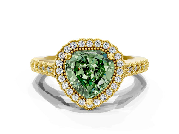 Yellow gold Fancy Green Heart Cut Cut Halo Pavé Solitaire Ring with Milgrain Band