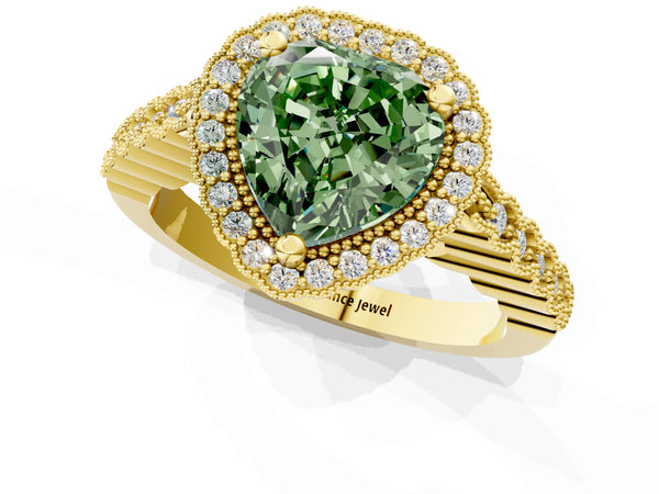 Yellow gold Fancy Green Heart Cut Cut Halo Pavé Solitaire Ring with Milgrain Band