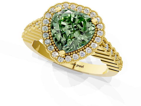 Yellow gold Fancy Green Heart Cut Cut Halo Pavé Solitaire Ring with Milgrain Band_1