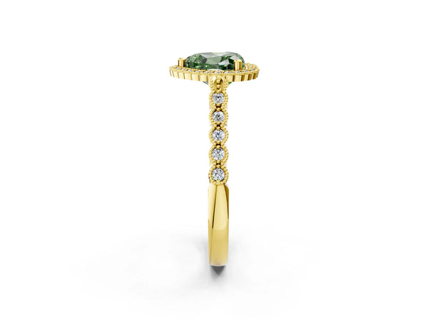 Yellow gold Fancy Green Heart Cut Cut Halo Pavé Solitaire Ring with Milgrain Band