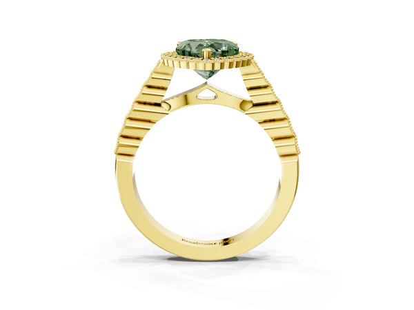 Yellow gold Fancy Green Heart Cut Cut Halo Pavé Solitaire Ring with Milgrain Band