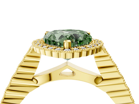 Yellow gold Fancy Green Heart Cut Cut Halo Pavé Solitaire Ring with Milgrain Band_4