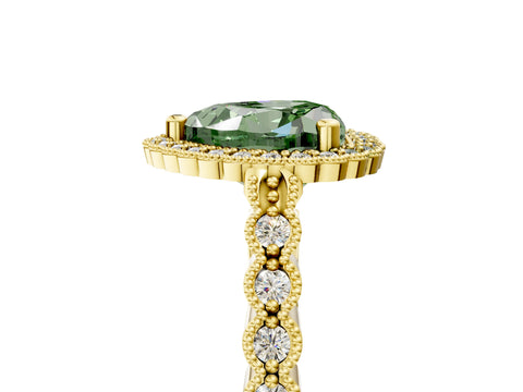 Yellow gold Fancy Green Heart Cut Cut Halo Pavé Solitaire Ring with Milgrain Band_5