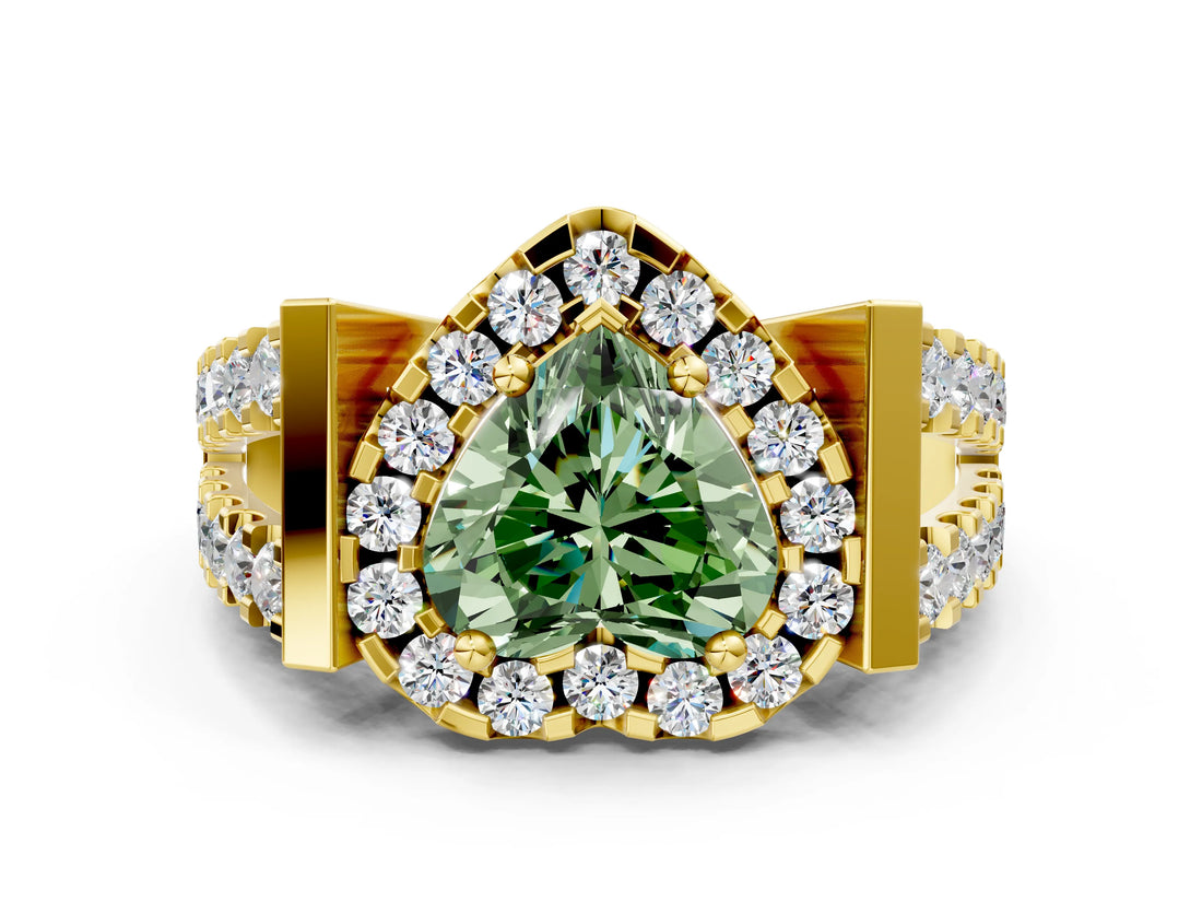 Yellow gold Fancy Green Heart Cut Cut Halo Split Shank Prong Set Ring
