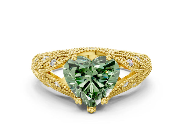 Yellow gold Fancy Green Heart Cut Cut Milgrain Pave Diamond Engagement Ring with Four-Prong Setting