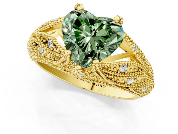 Yellow gold Fancy Green Heart Cut Cut Milgrain Pave Diamond Engagement Ring with Four-Prong Setting