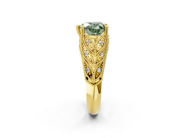 Yellow gold Fancy Green Heart Cut Cut Milgrain Pave Diamond Engagement Ring with Four-Prong Setting