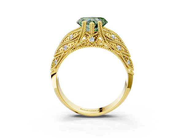 Yellow gold Fancy Green Heart Cut Cut Milgrain Pave Diamond Engagement Ring with Four-Prong Setting