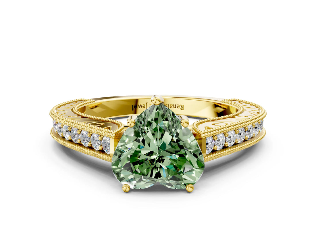 Yellow gold Fancy Green Heart Cut Cut Pave Band Milgrain Solitaire Ring_12